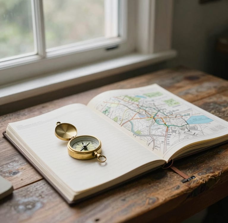 A quiet, natural working environment with field notebooks, a brass compass, and detailed topographical maps spread across a rustic wooden table near a window, soft north-facing light, 35mm