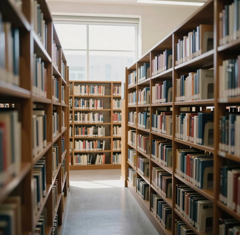 Wide environmental shot of a quiet university library archive with floor-to-ceiling wooden bookshelves, soft natural window light, muted paper tones.