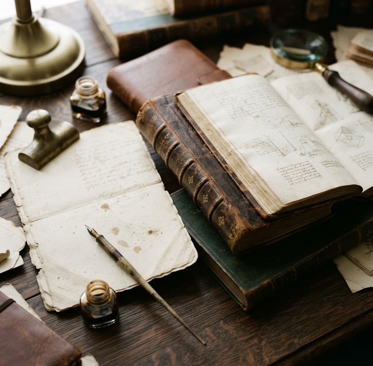 A close-up flat-lay of textured archival paper and leather-bound monographs on a dark oak desk, soft diffused north-facing window light, 35mm.