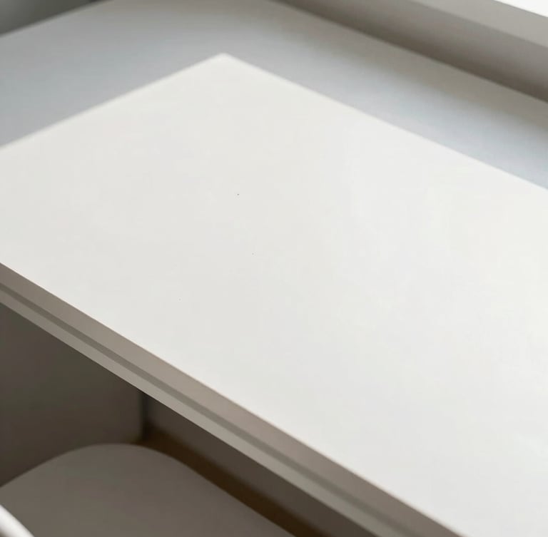 Bright high-key photography of a sunlit modern drafting table in Decatur, architectural lines, natural studio light, crisp white background, 35mm