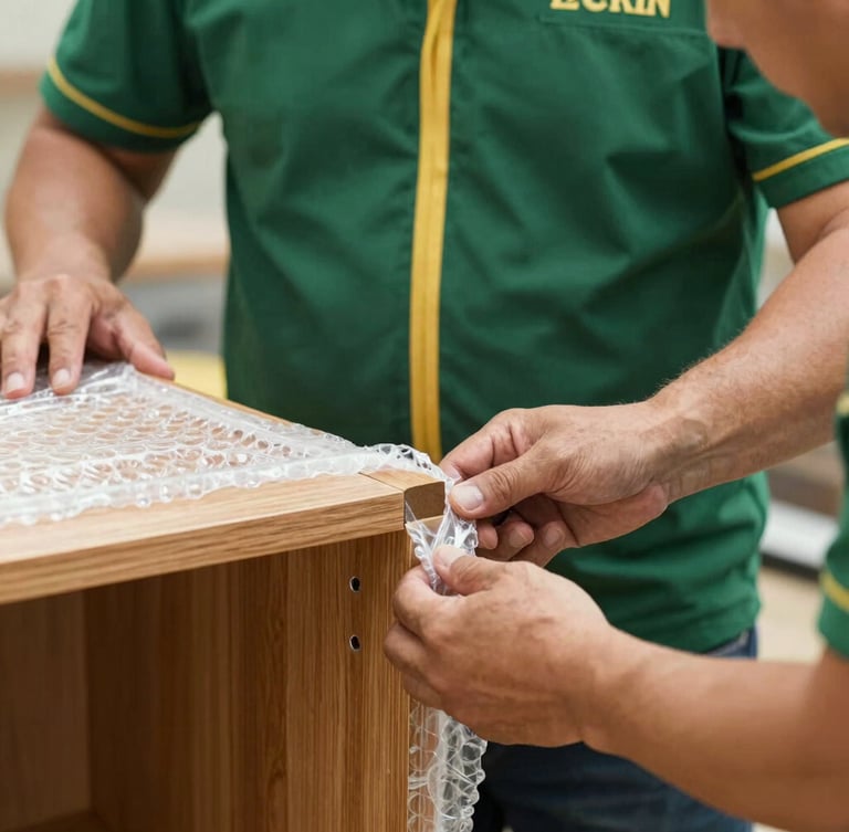 Close-up of professional movers' hands carefully wrapping a wooden cabinet joint with thick protective bubble wrap, warm interior lighting, detailed and focused.