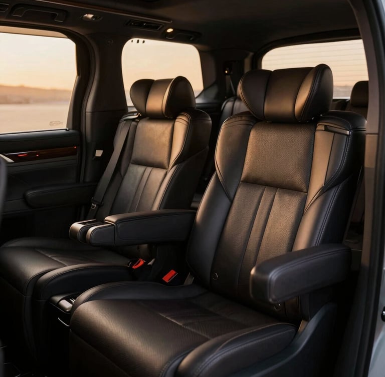 Tactile macro shot of the premium leather seats and wood trim inside the rear cabin of a Lexus LM, soft warm ambient lighting, luxury feel.