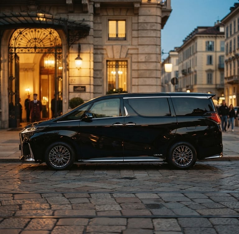 Cinematic side profile of a black Lexus LM parked under soft twilight outside a luxury hotel in Turin, warm gold ambient light reflecting on the polished body, 35mm.