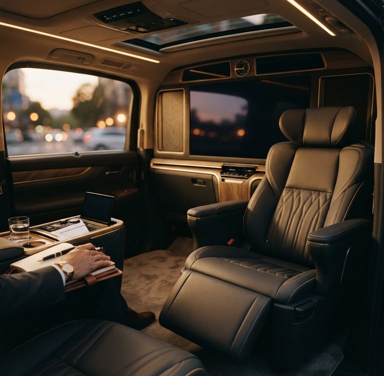 Cinematic automotive photography of the premium Lexus LM rear cabin, warm ambient lighting illuminating the hand-stitched leather seats, soft twilight, shallow depth of field, 35mm