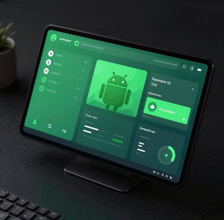 Extreme close-up on a high-fidelity vector UI mockup of a system monitor app on an Android screen, vibrant green accents glow softly onto a dark physical desk surface.