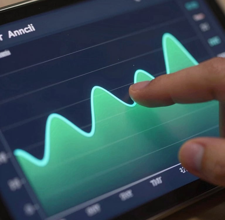 Extreme close-up on a physical Android device screen displaying a high-fidelity vector system monitor UI, vibrant electric-cyan and green graphs on a deep slate background, subtle screen glow reflecting on a finger tapping the screen, crisp studio lighting.