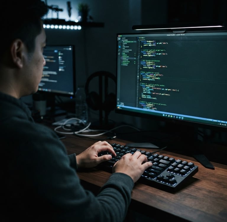 Over-the-shoulder view of a developer writing code on a mechanical keyboard, terminal window open with neon green syntax highlighting, cool screen-glow ambient lighting, dark editorial tech style, 35mm