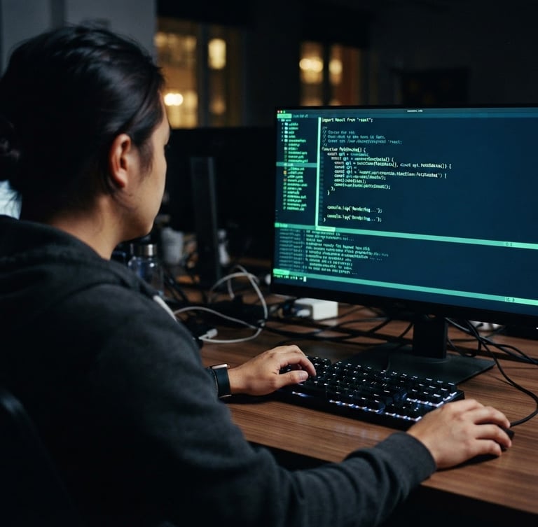 Dark editorial tech photography, over-the-shoulder view of a developer looking at a terminal screen with neon green code highlights, cool ambient screen-glow, 35mm.