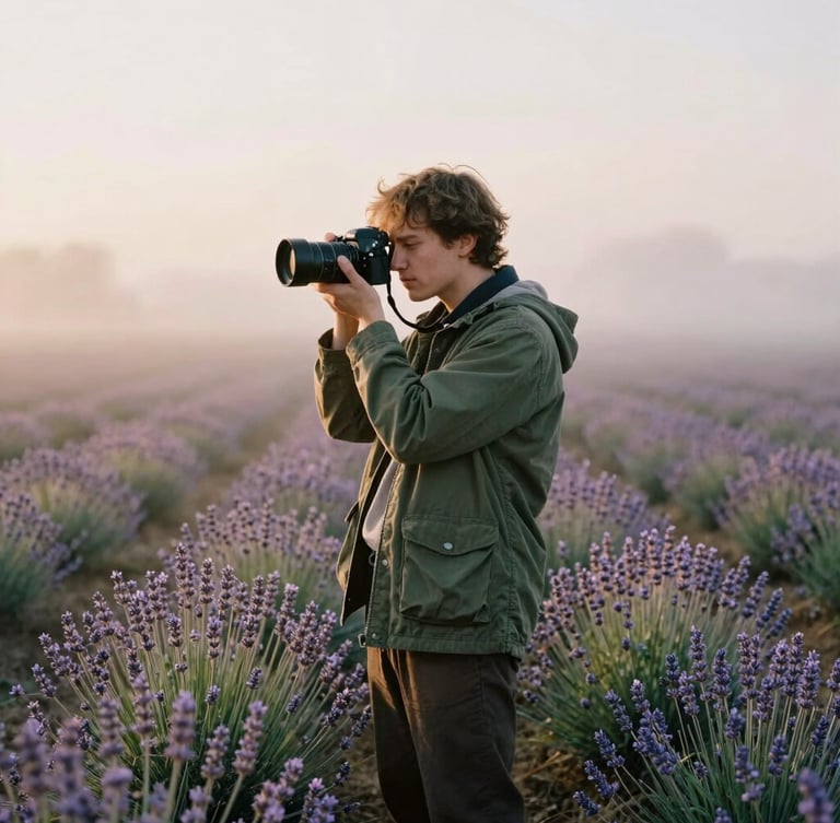 A photographer in a matte green jacket standing in a lavender field, holding a camera, soft morning mist, warm golden-hour light, 35mm film aesthetic.
