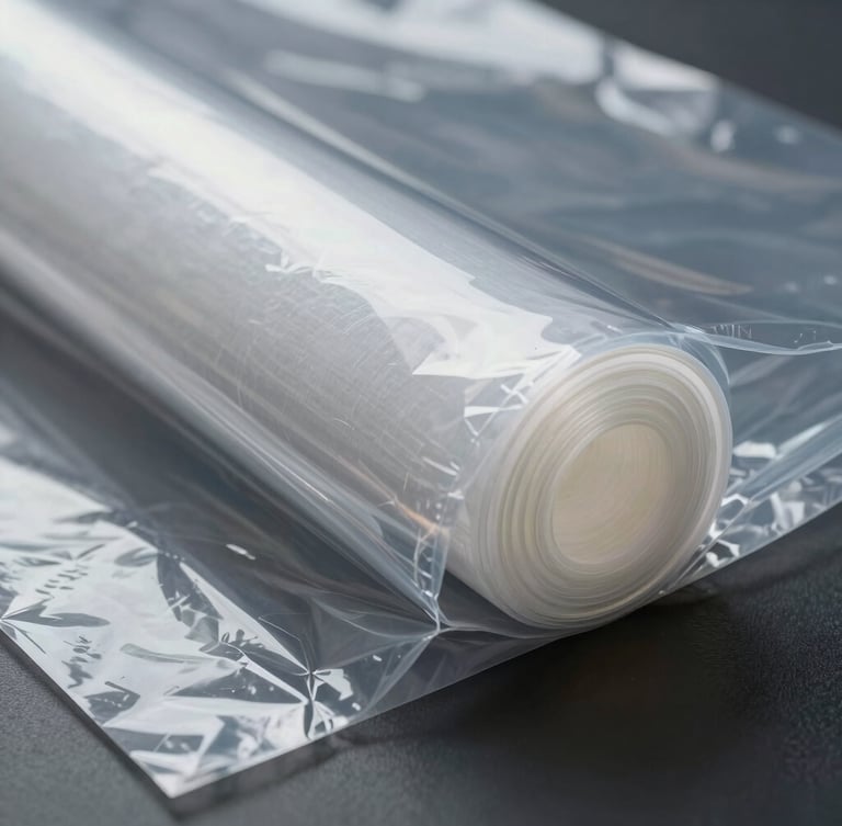 Macro-texture of thick, transparent LDPE shrink hood film showing high tension and clean geometric folds, studio lighting.