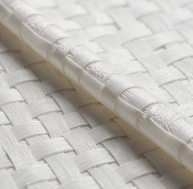 Macro photographic studio shot of white woven polypropylene fabric, showing high-precision interlocking geometric weave texture under high-contrast clean lighting.