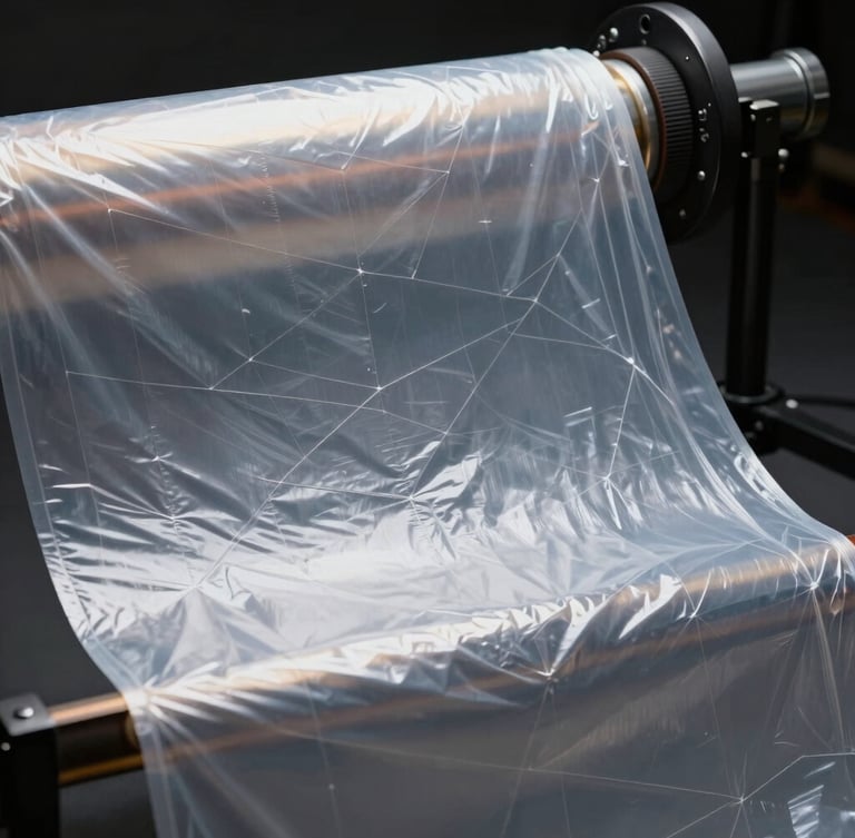 Ultra-close macro photograph of stretched LLDPE plastic film under high-tension studio lighting, showcasing precise geometric polymer textures and clean linear reflections, dark technical studio setting.