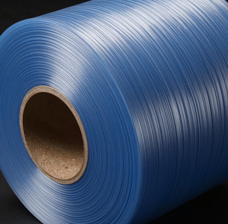 High-contrast macro studio photograph of industrial LLDPE stretch film roll, showing tension and clean geometric polymer layers, deep blue tones, technical schematic feel.
