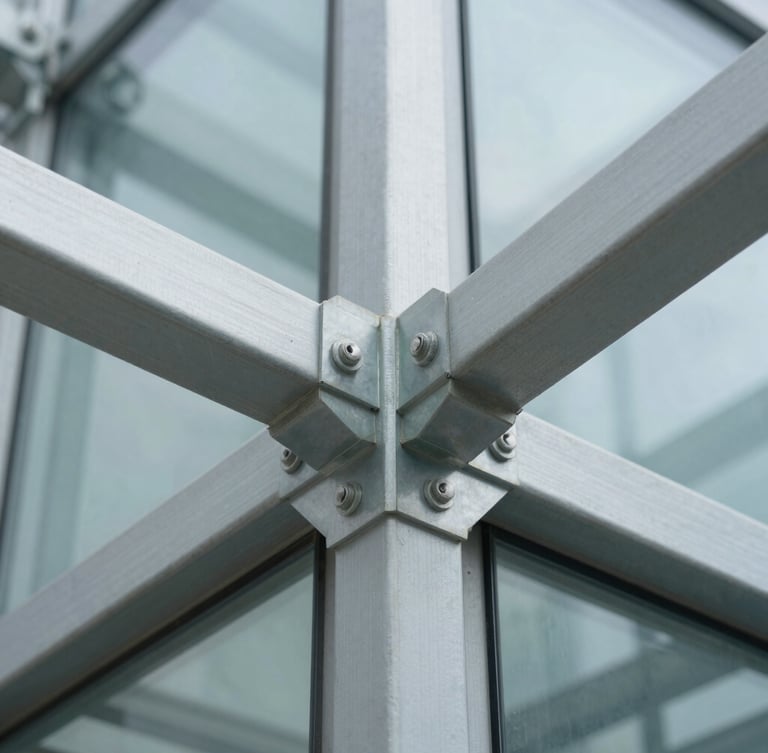 Abstract macro photograph of structured steel joints and architectural glass, clean lines representing structural plumbing, bright daylight, cool tones.