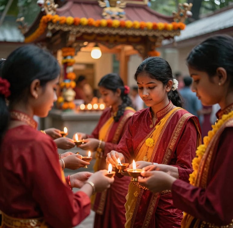 Warm editorial shot of medical students in traditional festive attire lighting oil lamps in front of a temple shrine, shallow depth of field, rich crimson tones