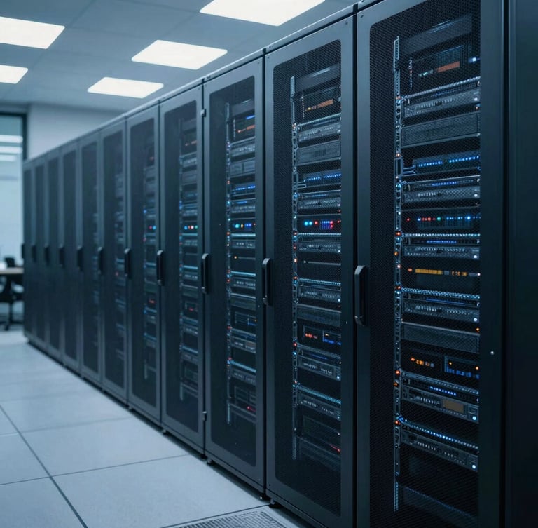 Wide-angle architectural shot of a modern data center server room, cool blue lighting, shallow depth of field, abstract representation of data flow.