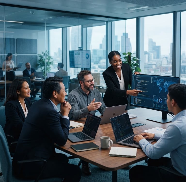 Premium corporate editorial photography: diverse business executives, software engineers, and technology consultants collaborating in a modern, high-tech office environment, cool diffused office daylight with subtle blue ambient tones, deep navy and slate shadows, 35mm lens, shallow depth of field, subject off-center right.