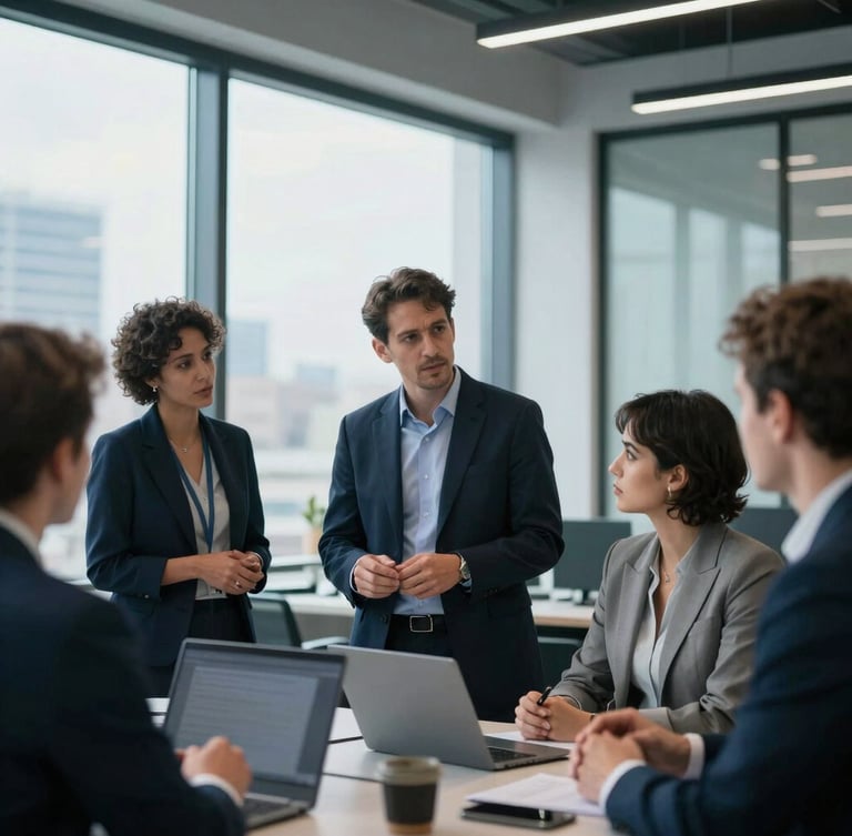 Candid, professional executive collaboration in a modern, sunlit office, diverse team members discussing strategy, cool office daylight with subtle blue ambient tones, shallow depth of field, tight editorial portrait.