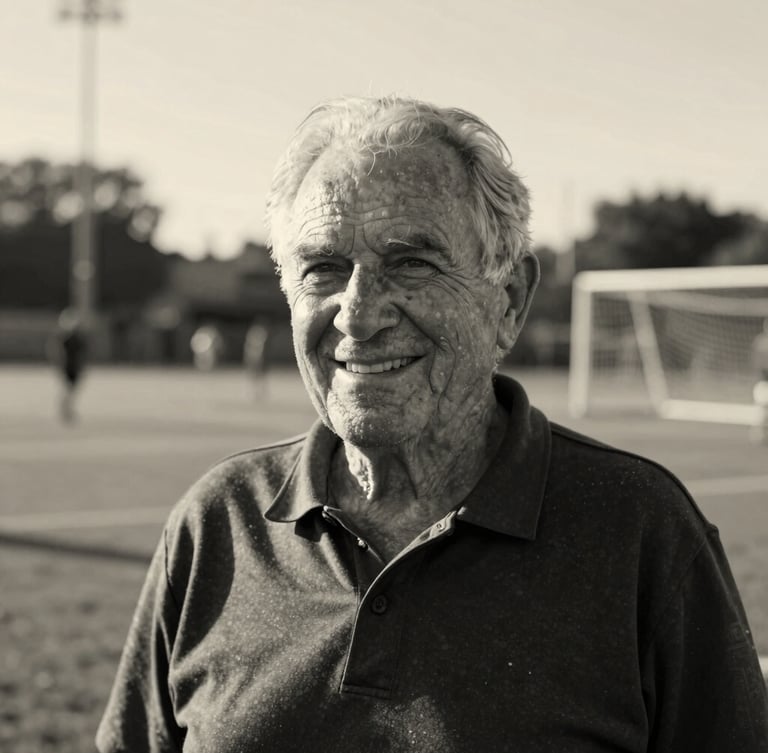 A high-contrast black and white portrait of an elder community leader smiling warmly, outdoor setting, soft background depth