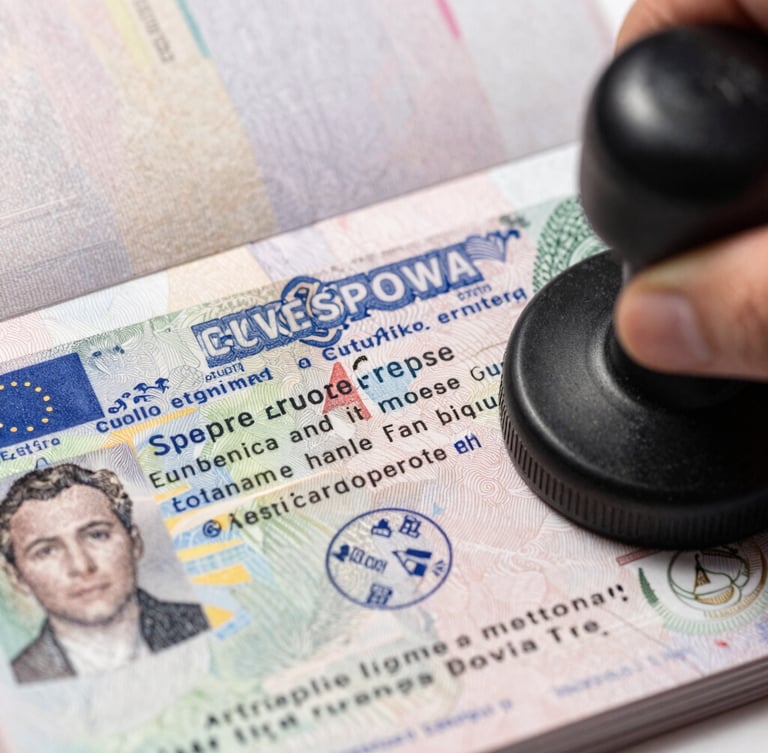 A close-up of a physical passport being stamped with a European visa, bright natural daylight, official stamps and text clearly visible.
