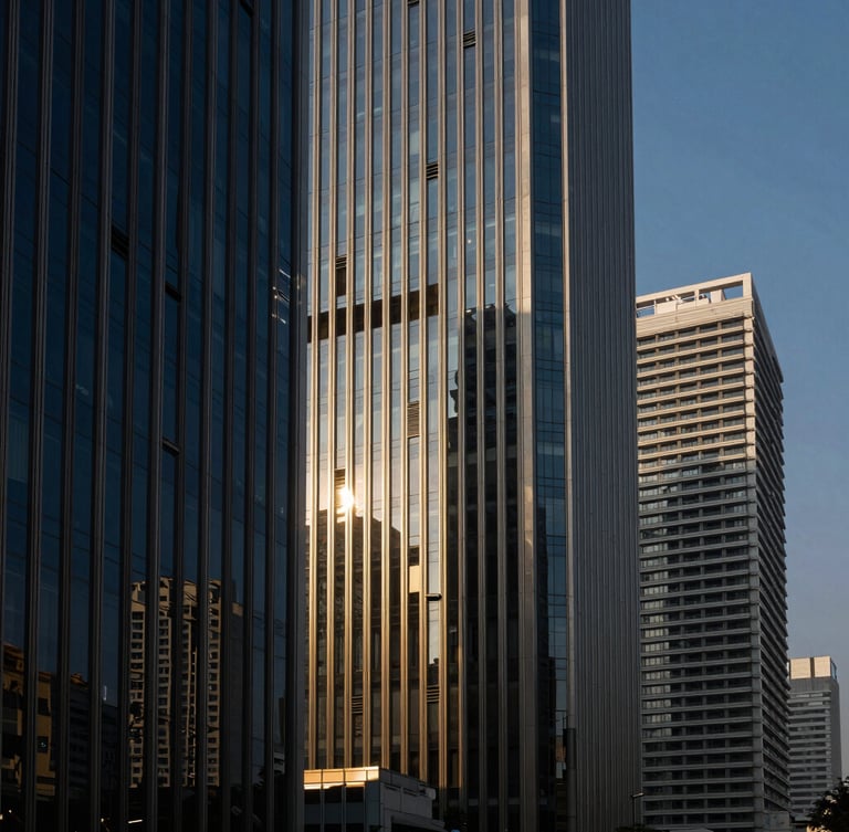 Dramatic architectural shot of a modern financial district in New Delhi, sharp high-contrast corporate lighting, deep navy shadows, cinematic 35mm lens.