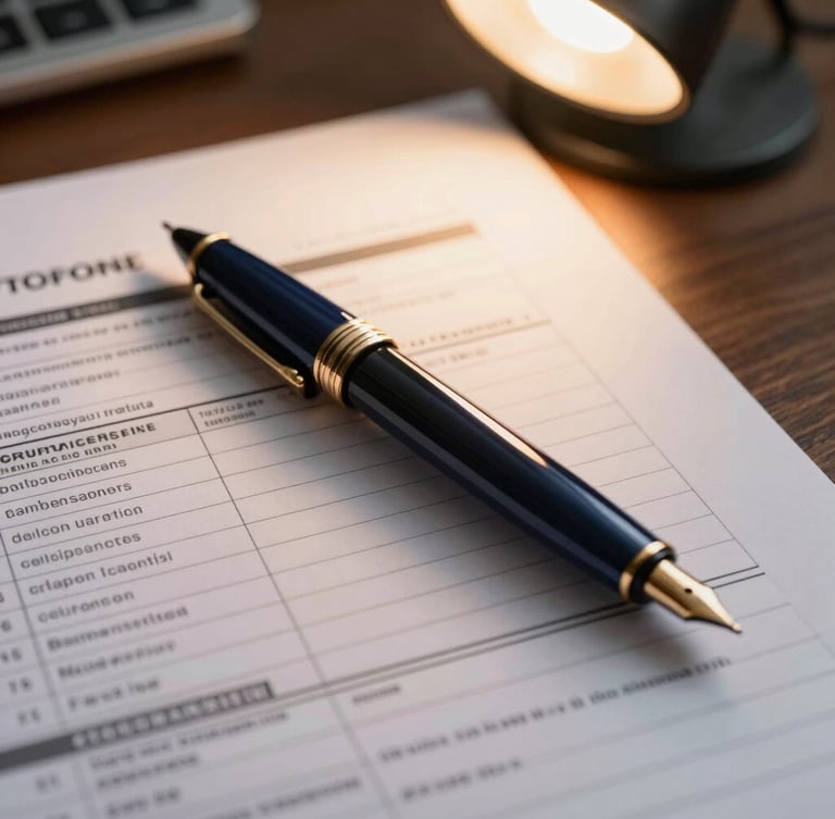 Close-up of a fountain pen resting on complex corporate tax ledger papers, warm desk lamp light casting long shadows, professional corporate atmosphere.