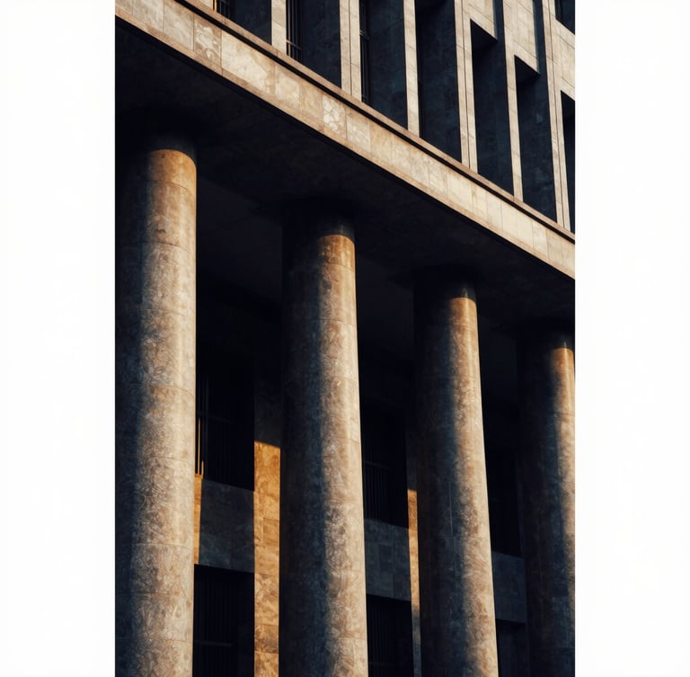 A sharp architectural close-up of a modern Indian supreme court building facade, deep navy shadows, golden sunlight hitting the stone columns, cinematic 35mm lens.