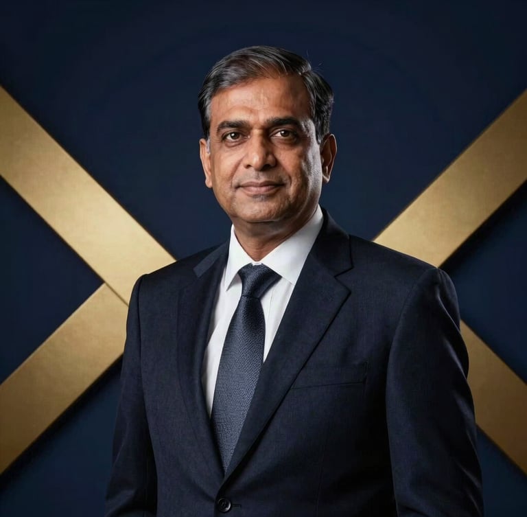 High-end corporate portrait of a senior Indian advisor in a dark navy suit, dramatic architectural lighting, deep navy background, black and white with gold undertones, sharp focus, 35mm lens.