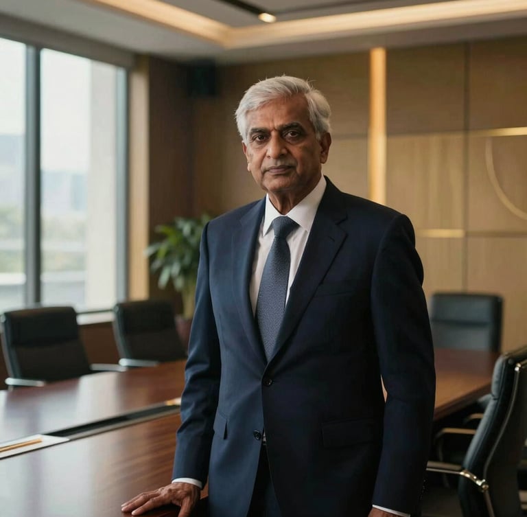 Cinematic portrait of a senior Indian corporate advisor in a high-end boardroom, dramatic side lighting from a window, architectural details, deep navy and gold tones
