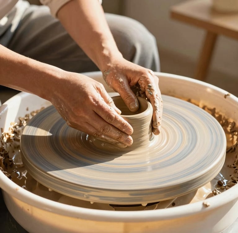 Warm editorial photography of an artisan's hands shaping raw clay on a pottery wheel in a sun-drenched studio, golden hour light, shallow depth of field, 35mm