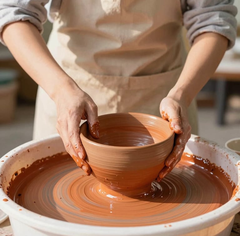 Portrait shot of a ceramicist in an apron carefully dipping a fired stoneware bowl into a tub of rich terracotta glaze, kiln visible in the background, warm natural light.