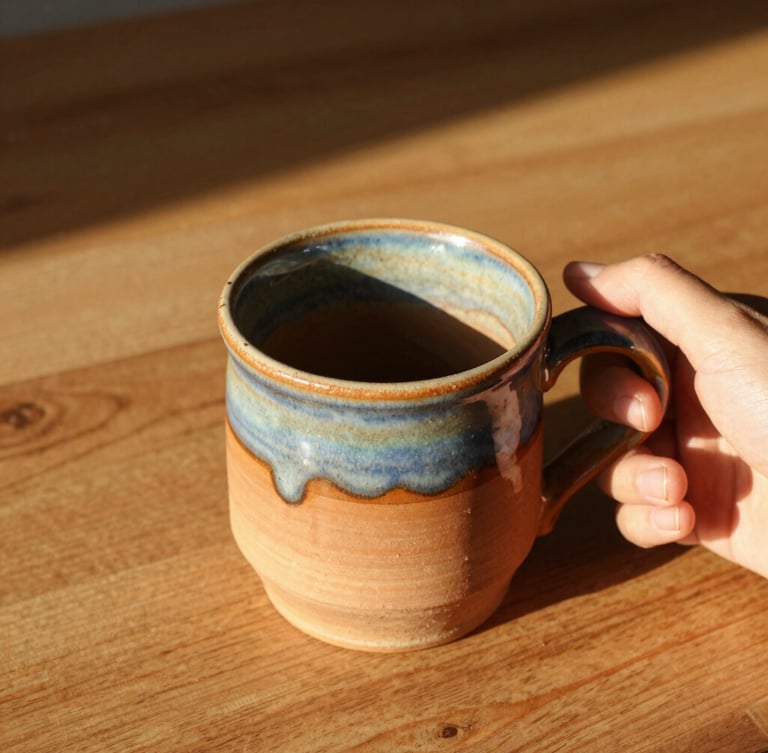Overhead warm editorial shot of a hand holding a rustic terracotta-glazed mug, bright golden-hour sunlight casting soft shadows on a wooden table, 35mm