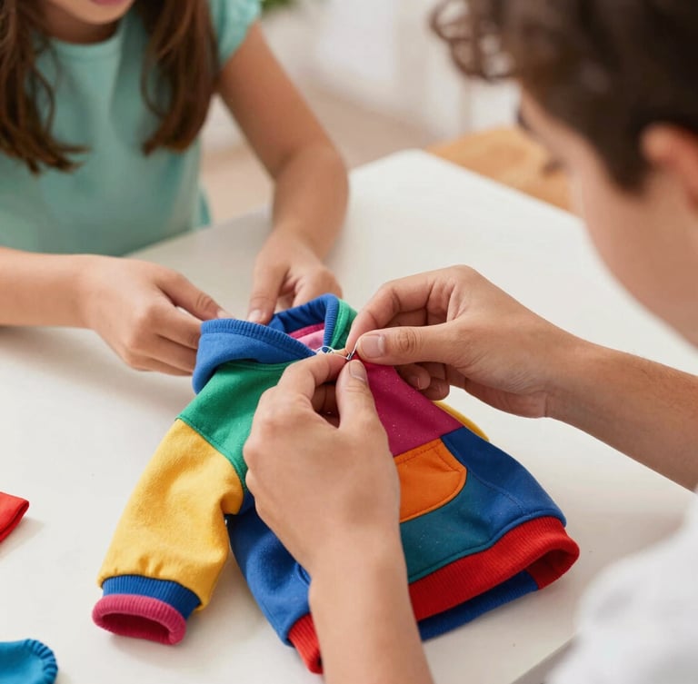 Warm lifestyle photo of a family workshop in Guanajuato, hands carefully sewing a tiny colorful pet hoodie with high-quality fabrics, soft focus