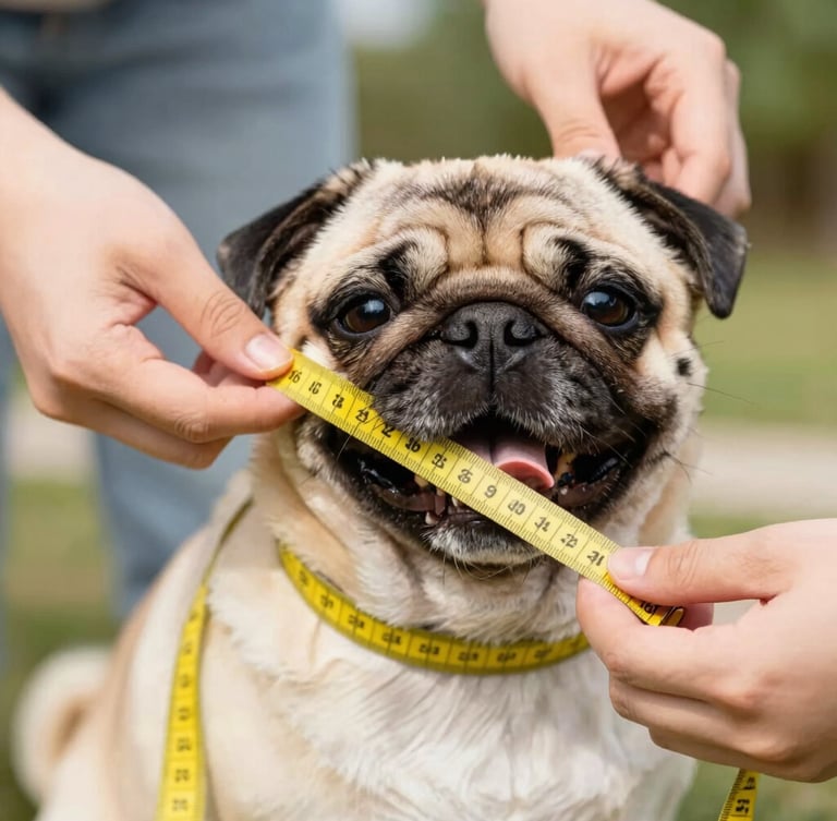 Close up of hands gently measuring a happy pug with a soft yellow measuring tape, bright natural daylight, warm and tender atmosphere.