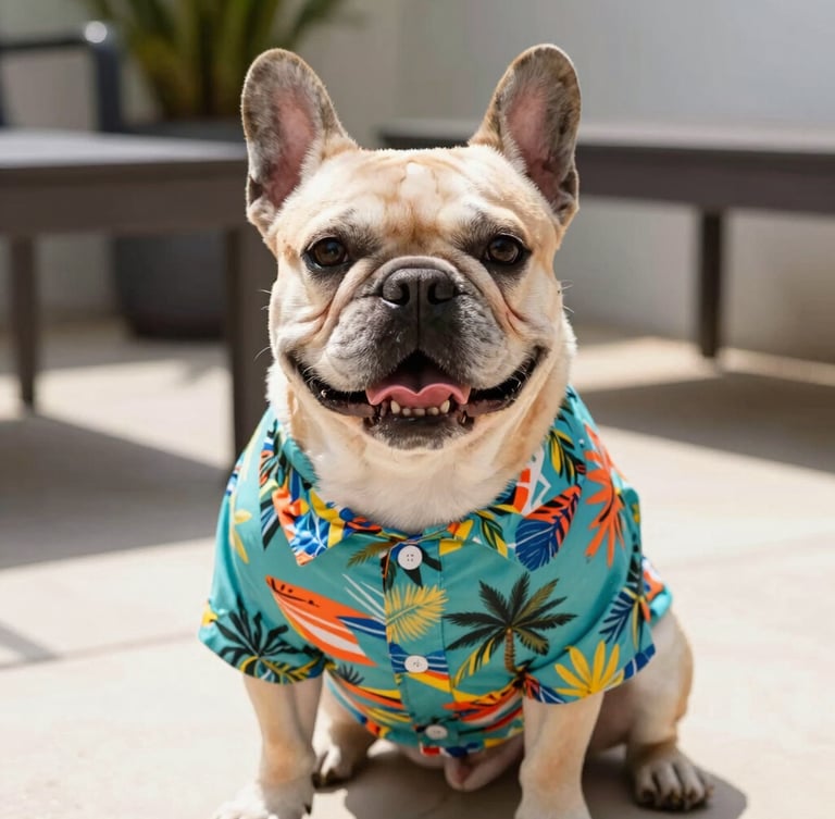 Bright natural daylight photo of a happy French Bulldog wearing a colorful tropical print shirt, sitting on a sunny patio, eye-level medium shot
