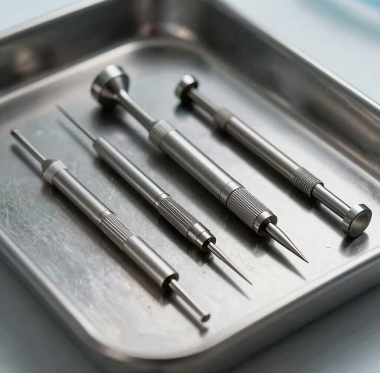 Extreme close-up of sterile stainless steel piercing instruments and needles resting on a clean black metallic tray under bright clinical studio lighting