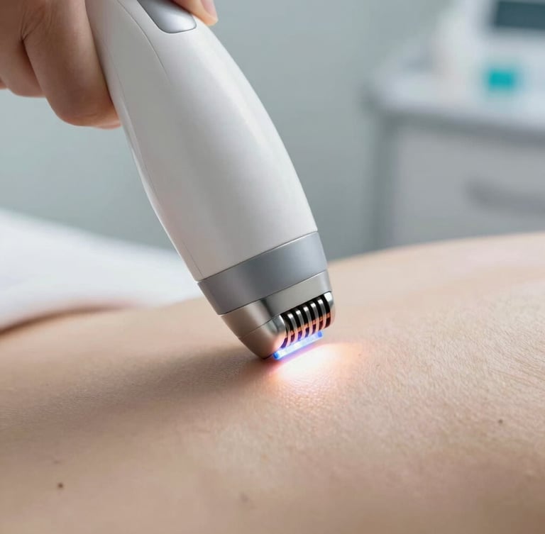 Extreme close-up of a laser hair removal applicator emitting a precise light pulse on skin, clean sterile background, cool clinical tones