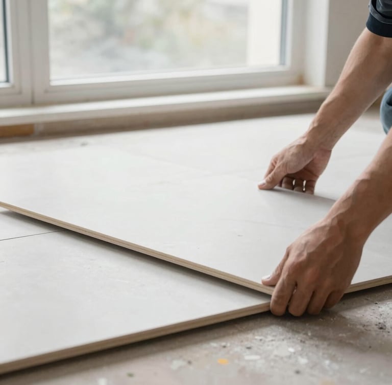 Hands of a master tile installer carefully placing a large format tile, clean job site, natural window light, sharp focus