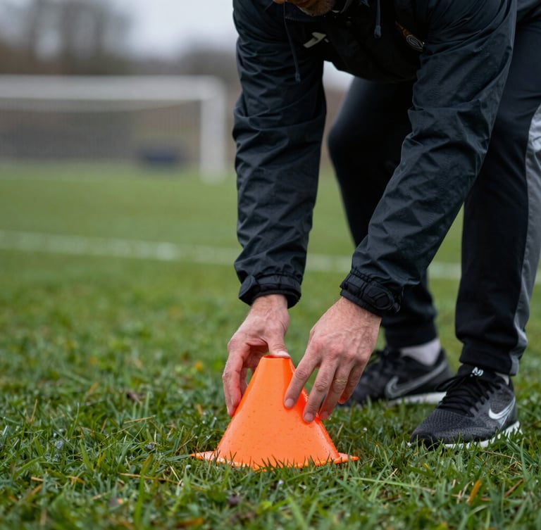 Tight action close-up of a football coach in a dark athletic jacket placing orange agility cones on a dew-covered grass pitch, overcast daylight, shallow depth of field, 35mm
