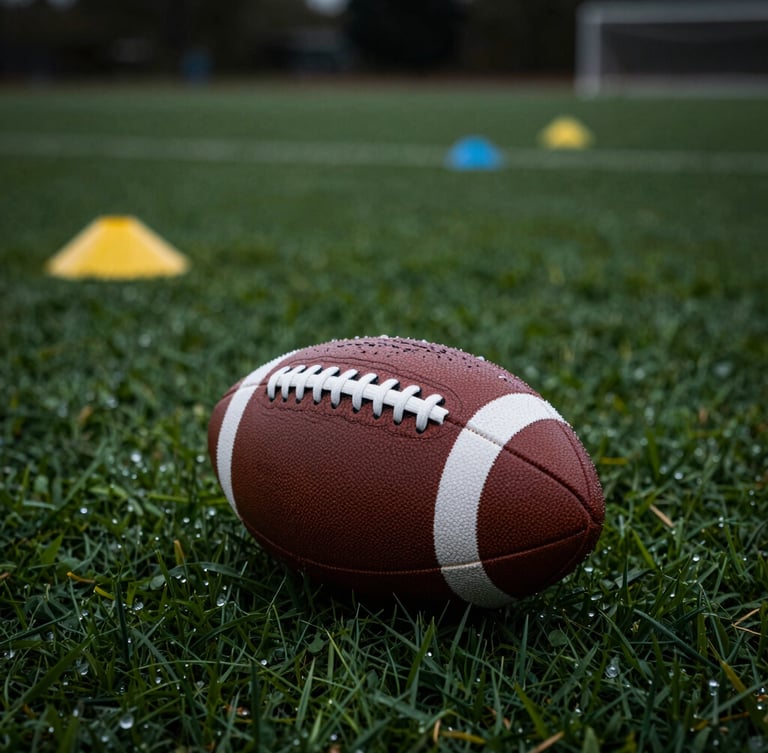 Tight action close-up of a football on dew-covered grass, agility cones in soft focus in the background, moody overcast daylight, 35mm