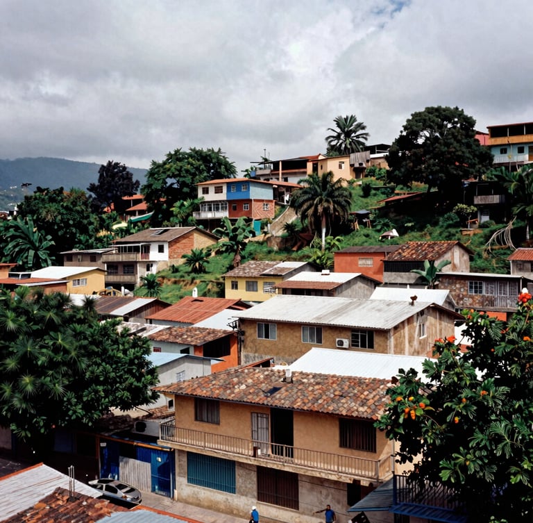 Documentary film photography of community resistance in an urban Colombian neighborhood, high contrast, natural overcast light, rich earthy tones, 35mm lens.