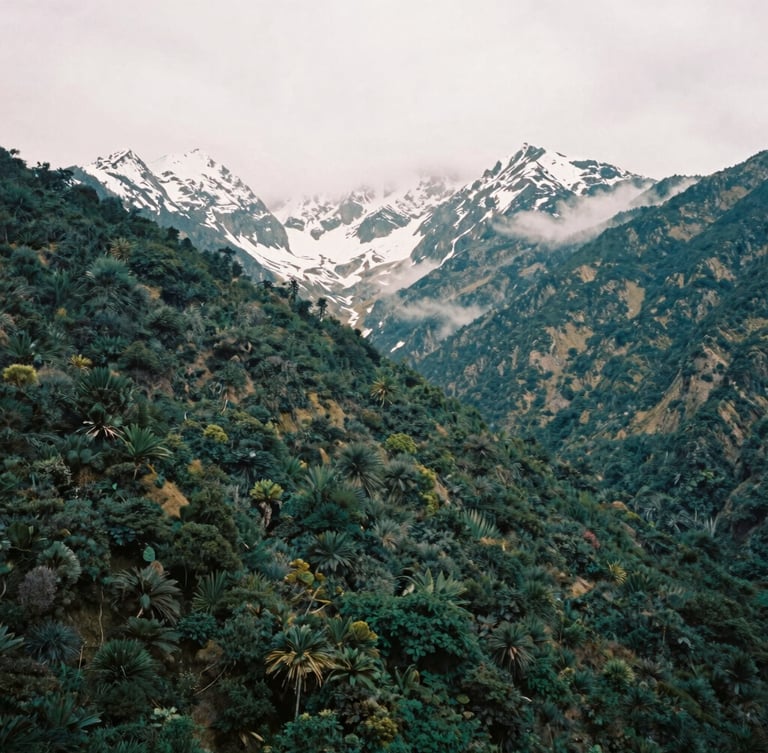 Majestic snow-capped peaks of the Sierra Nevada de Santa Marta rising above dense green forests, thick mountain mist, documentary film photography, overcast daylight.