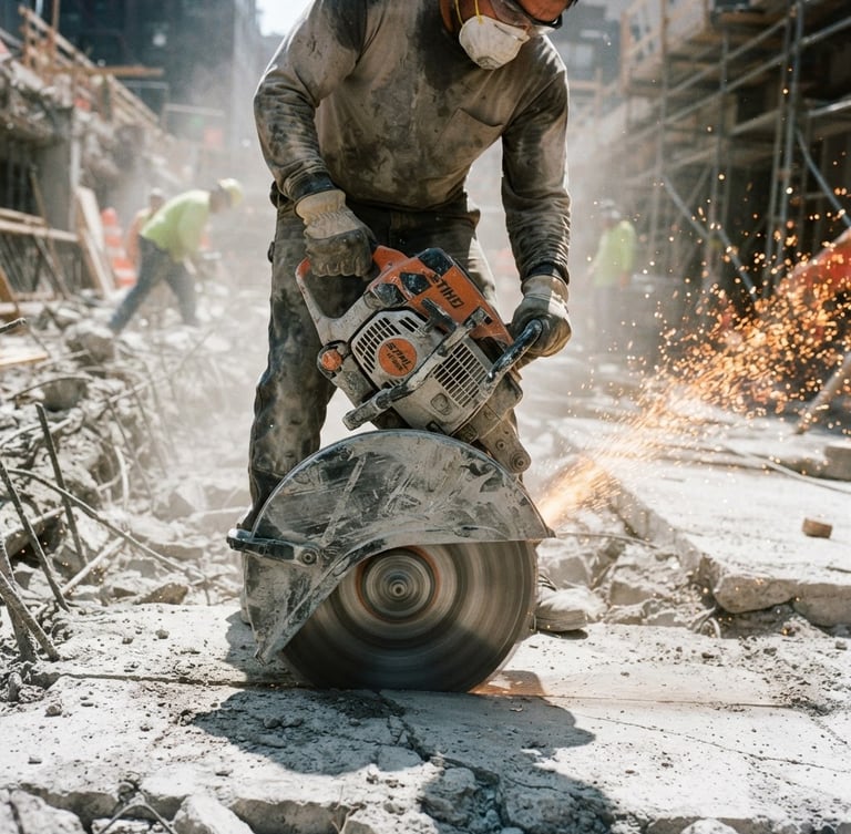 Low-angle heroic shot of a heavy-duty concrete demolition saw coated in gray dust, harsh direct sunlight casting sharp shadows, sparks flying in the background, 35mm film gritty texture.