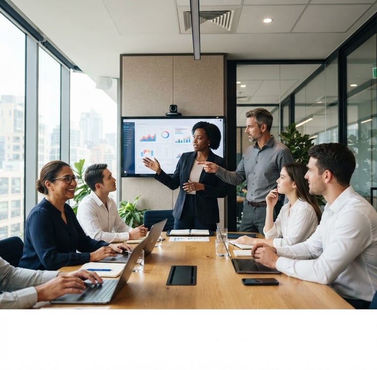 Wide panoramic shot of a modern, bright office meeting room with diverse professionals collaboratively discussing a strategic plan, hands pointing at a large monitor, bright natural daylight, corporate navy and warm neutral tones, shallow depth of field, 35mm, subject off-center to the left.