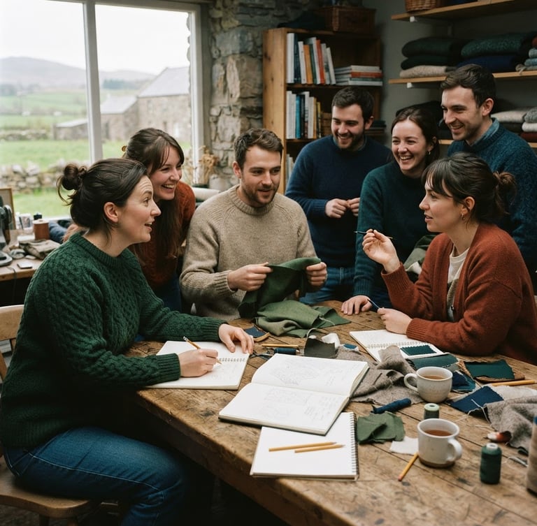 Warm editorial photography of a collaborative workshop around a rustic wooden table in Northern Ireland, soft natural overcast daylight, rich forest green tones, 35mm film style.