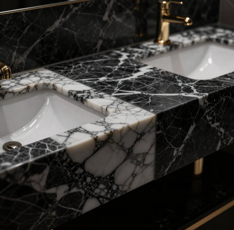 Dramatic close-up of a multi-basin vanity unit showing perfect vein-matching across the joints, sharp side lighting highlighting the polished white and grey veins