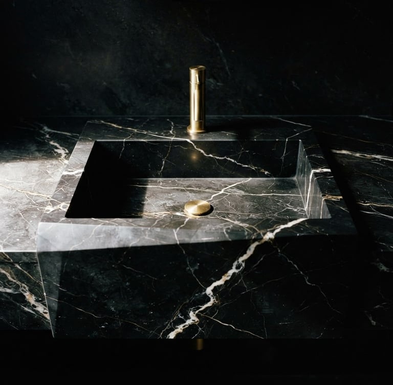 Dramatic architectural photography, close-up of a monolithic black marble washbasin with sharp geometric lines, dramatic side lighting highlighting white veins, 35mm lens