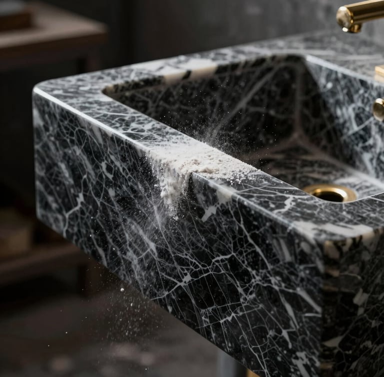 Close-up of a stone craftsman detailing the sharp edge of a polished Nero Marquina marble sink, white dust flying, dramatic side lighting, dark workshop background.