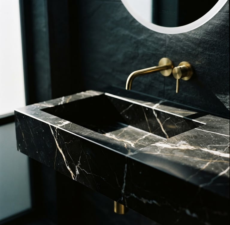 Dramatic architectural close-up of a sharp-edged black marble washbasin, precise geometric lines, side lighting reflecting on polished Nero Marquina grain, 35mm lens
