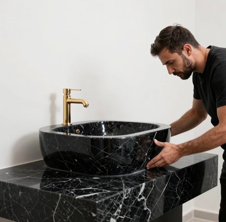 A high-contrast architectural wide shot of a master craftsman hand-polishing the edge of a monolithic black Nero Marquina marble washbasin in a clean, minimalist Riyadh workshop.
